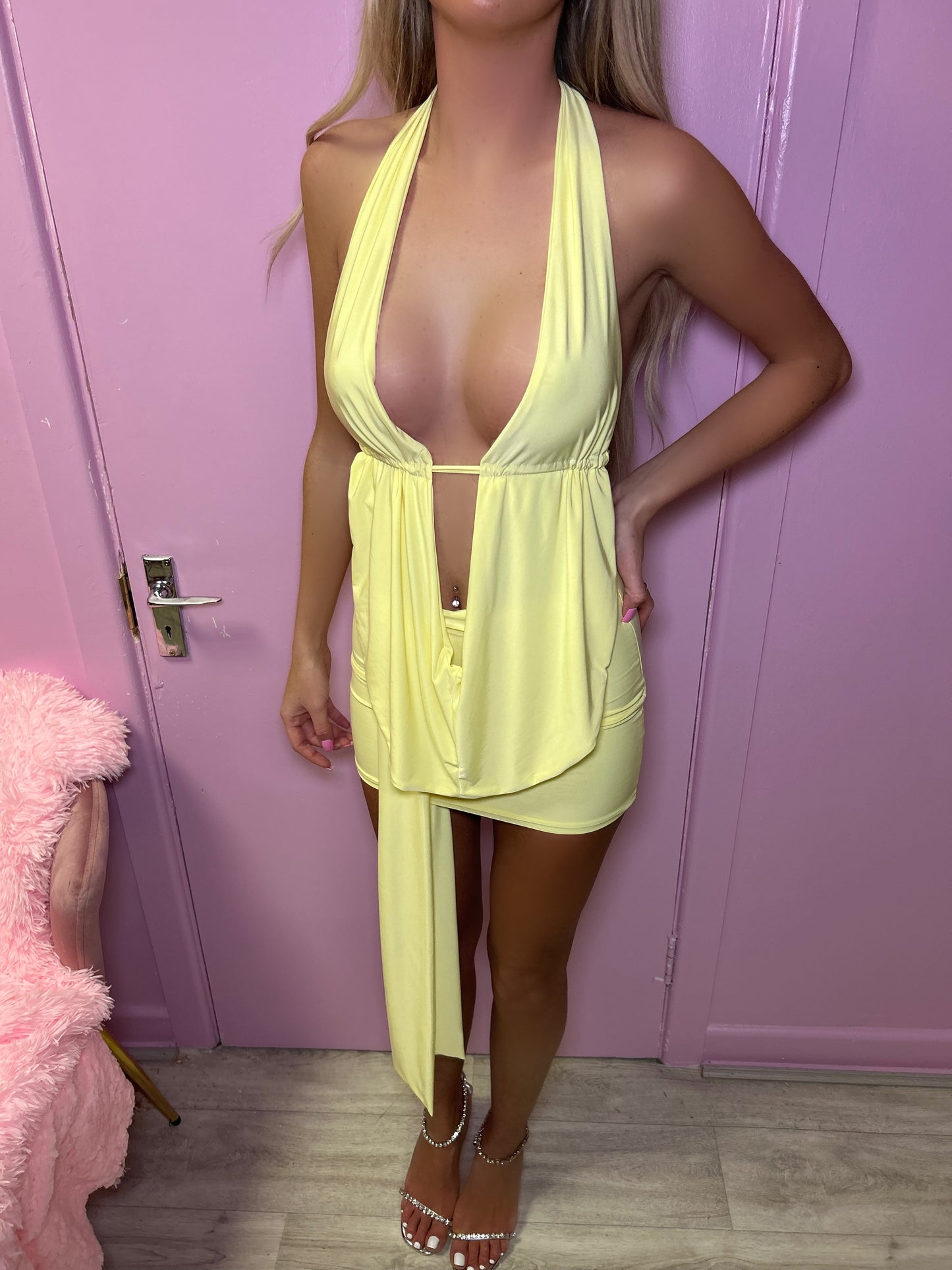 Yellow Slinky Halter Neck Top & Skirt Co-ord With Tie Knot Drape Detail