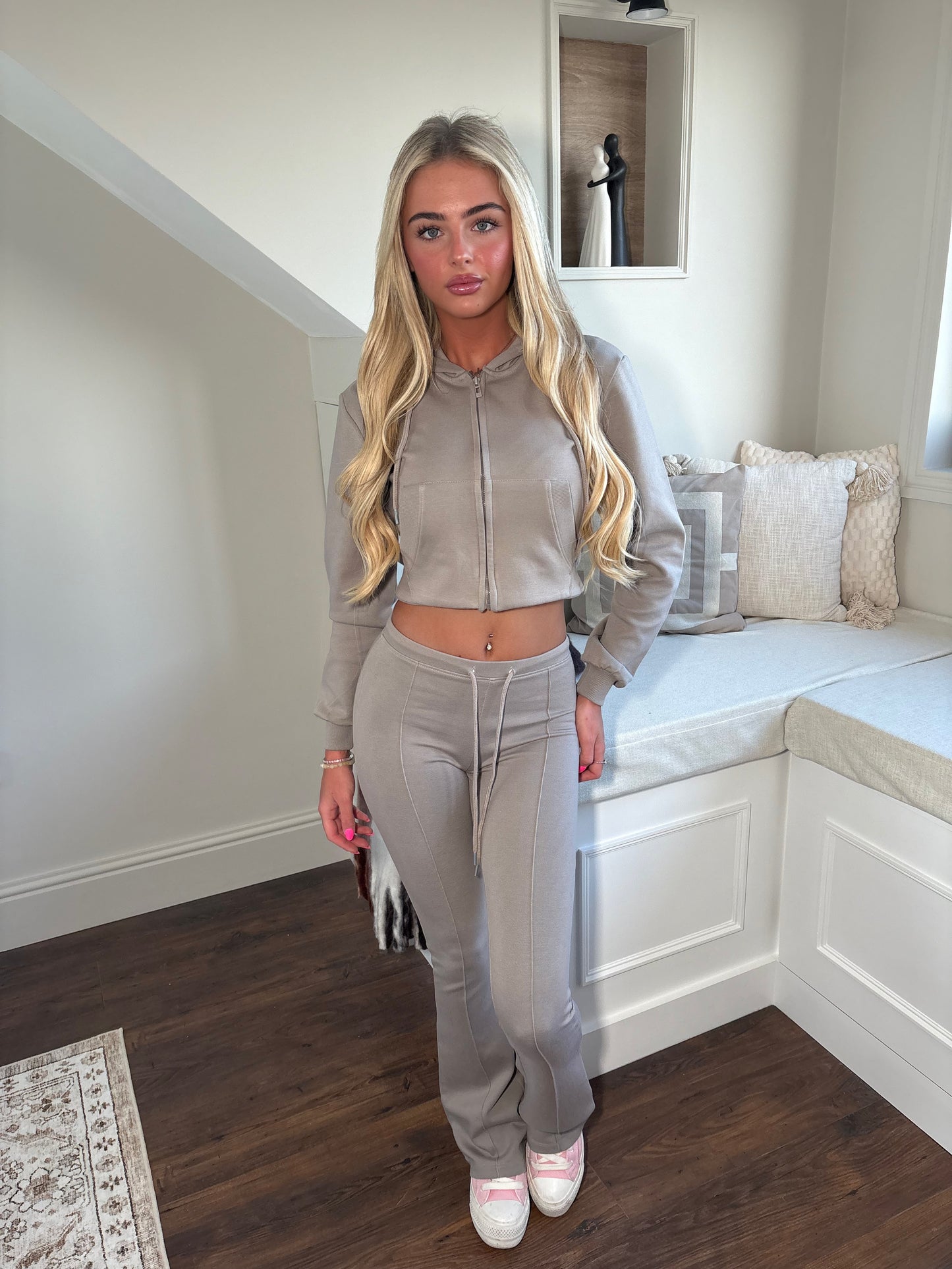 Taupe cropped zip hoodie and bell bottom trouser set