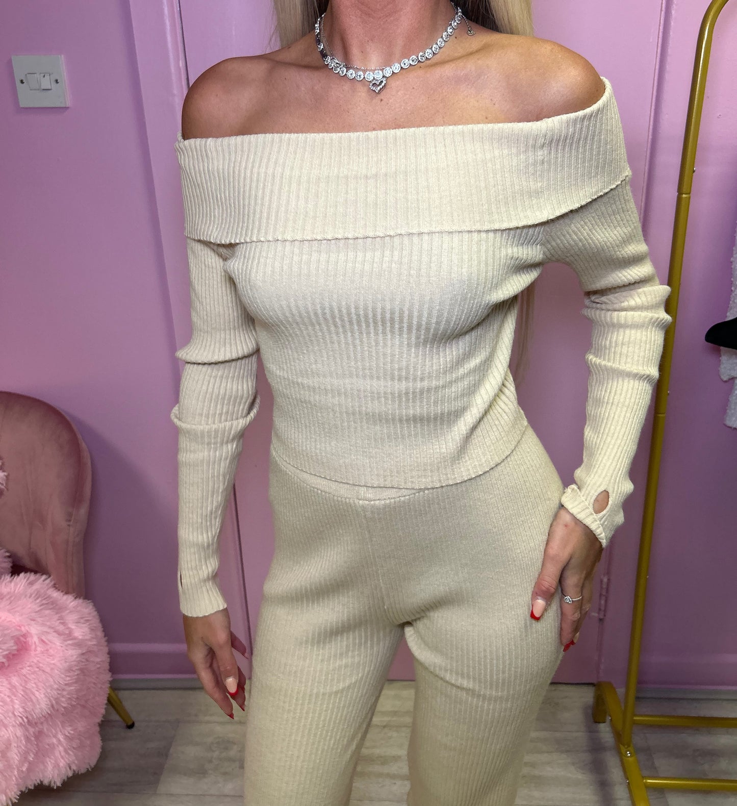 Beige Off the shoulder knitted jumper and trousers set