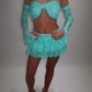 LIMITED EDITION HAND MADE AND DESIGNED IN HOUSE: Blue frilly Rara skirt top and sleeves three piece