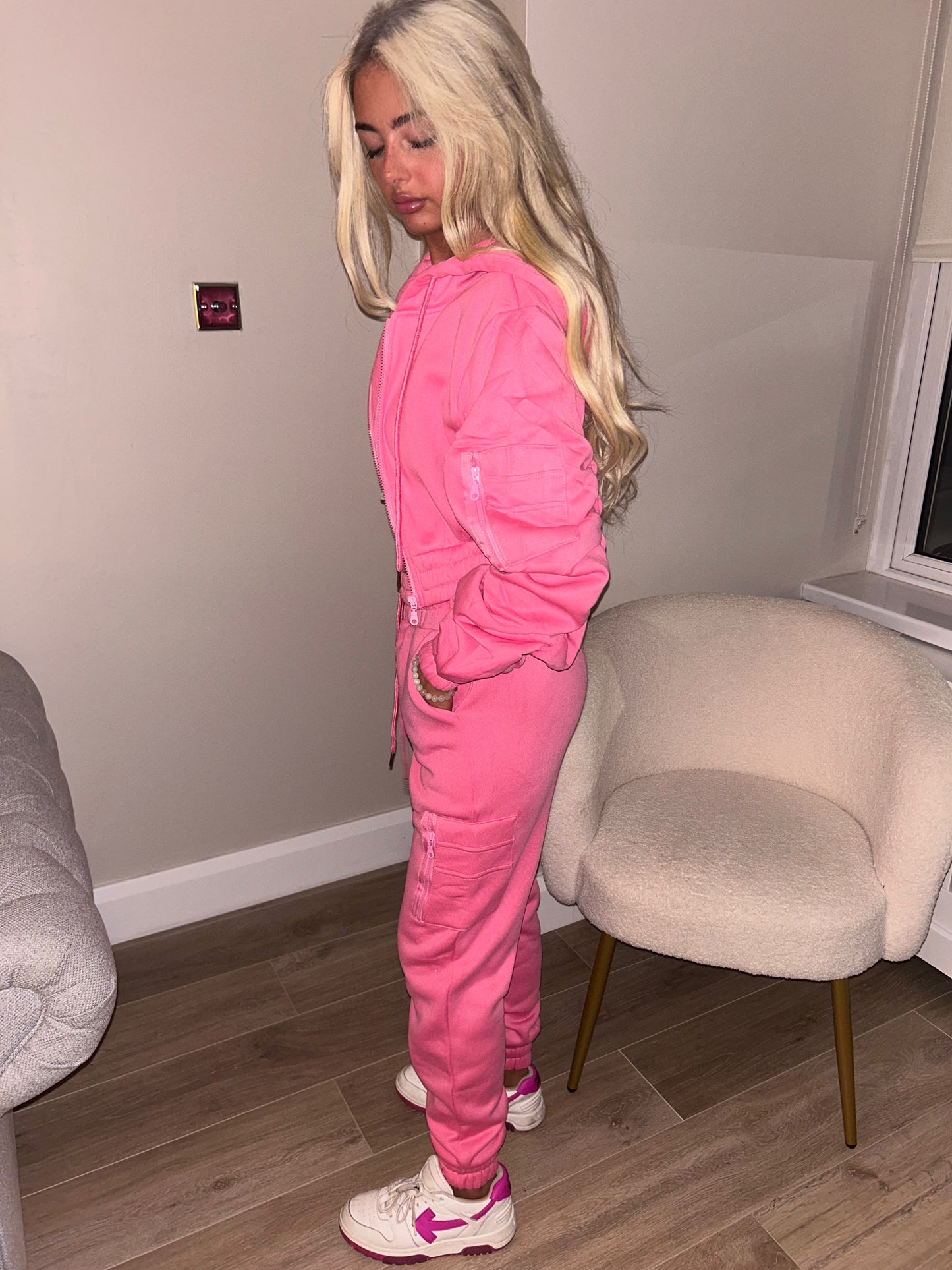 Pink ruched sleeve tracksuit