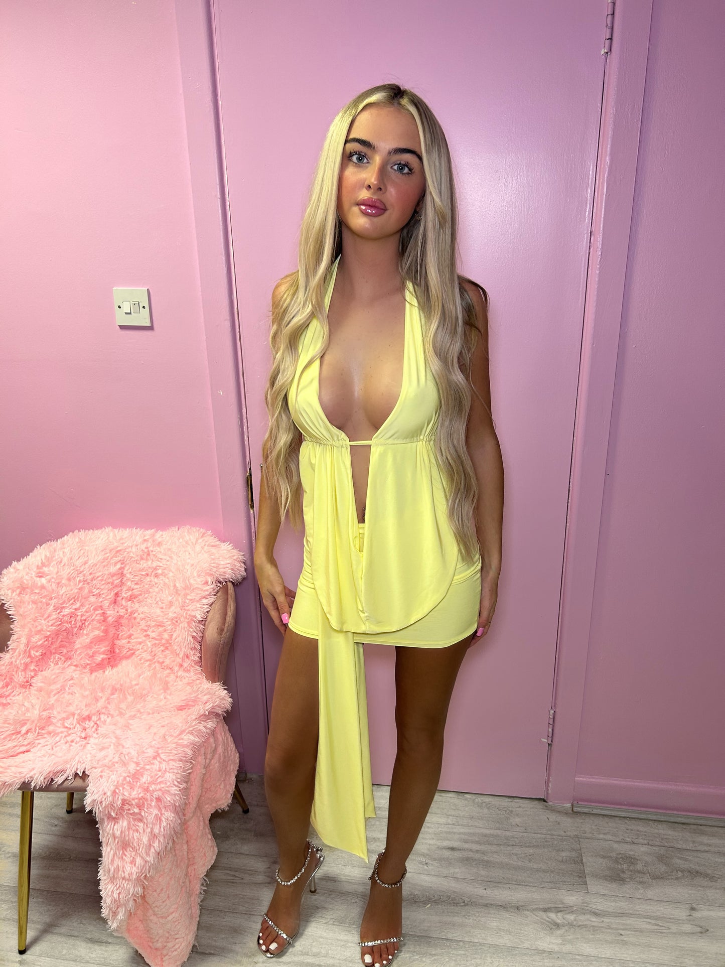 Yellow Slinky Halter Neck Top & Skirt Co-ord With Tie Knot Drape Detail