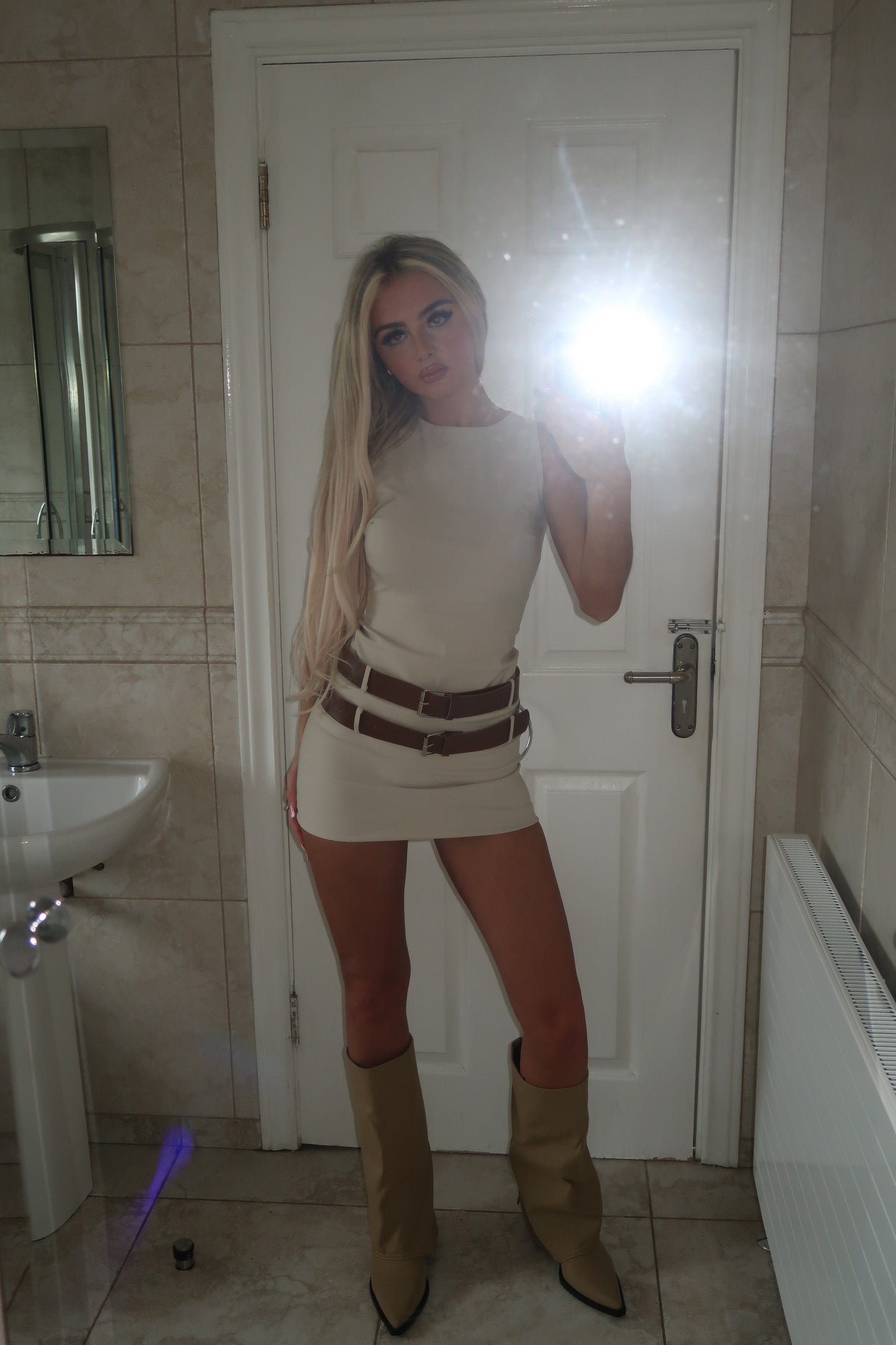 Beige Double Belted Round Neck Mini Dress