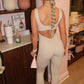 Beige cut out back ruched push-up jumpsuit
