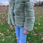 Luxury sage green 3/4 sleeve faux fur coat