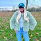 Luxury sage green 3/4 sleeve faux fur coat