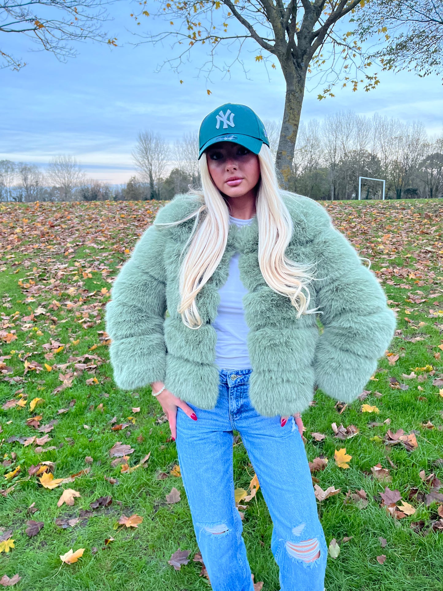 Luxury sage green 3/4 sleeve faux fur coat