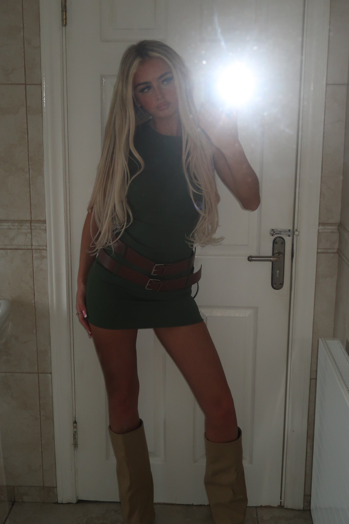 Khaki Double Belted Round Neck Mini Dress
