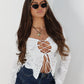 White lace up long sleeve top