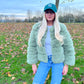 Luxury sage green 3/4 sleeve faux fur coat