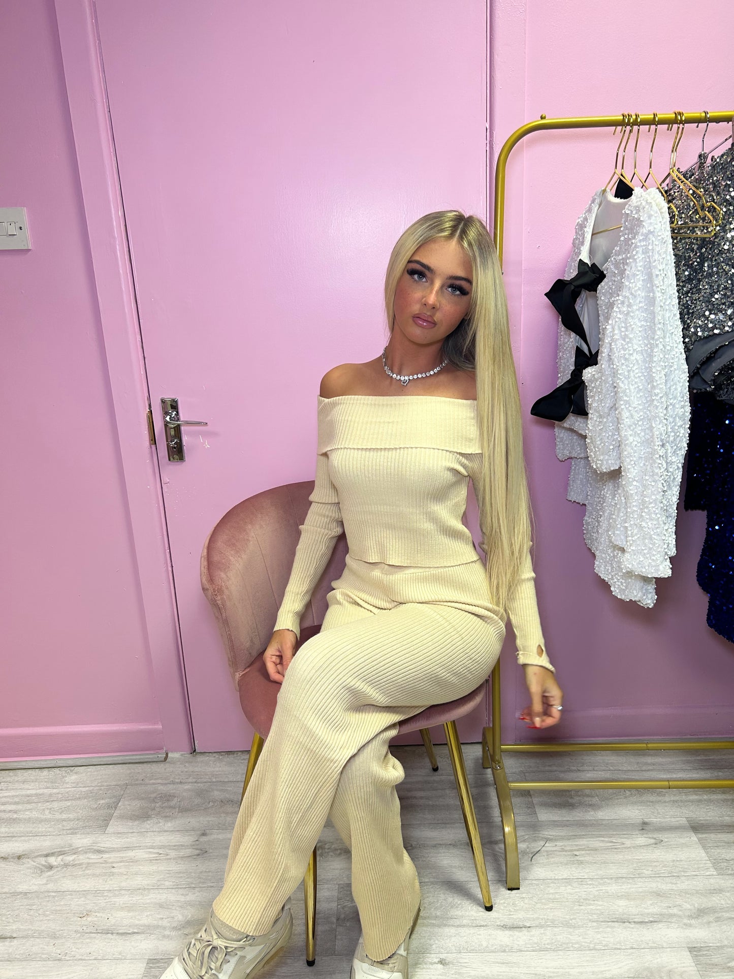 Beige Off the shoulder knitted jumper and trousers set