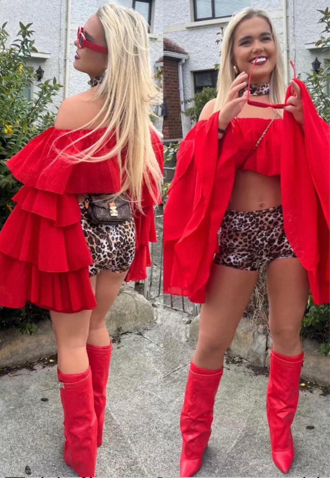 Red chiffon layered Bardot top