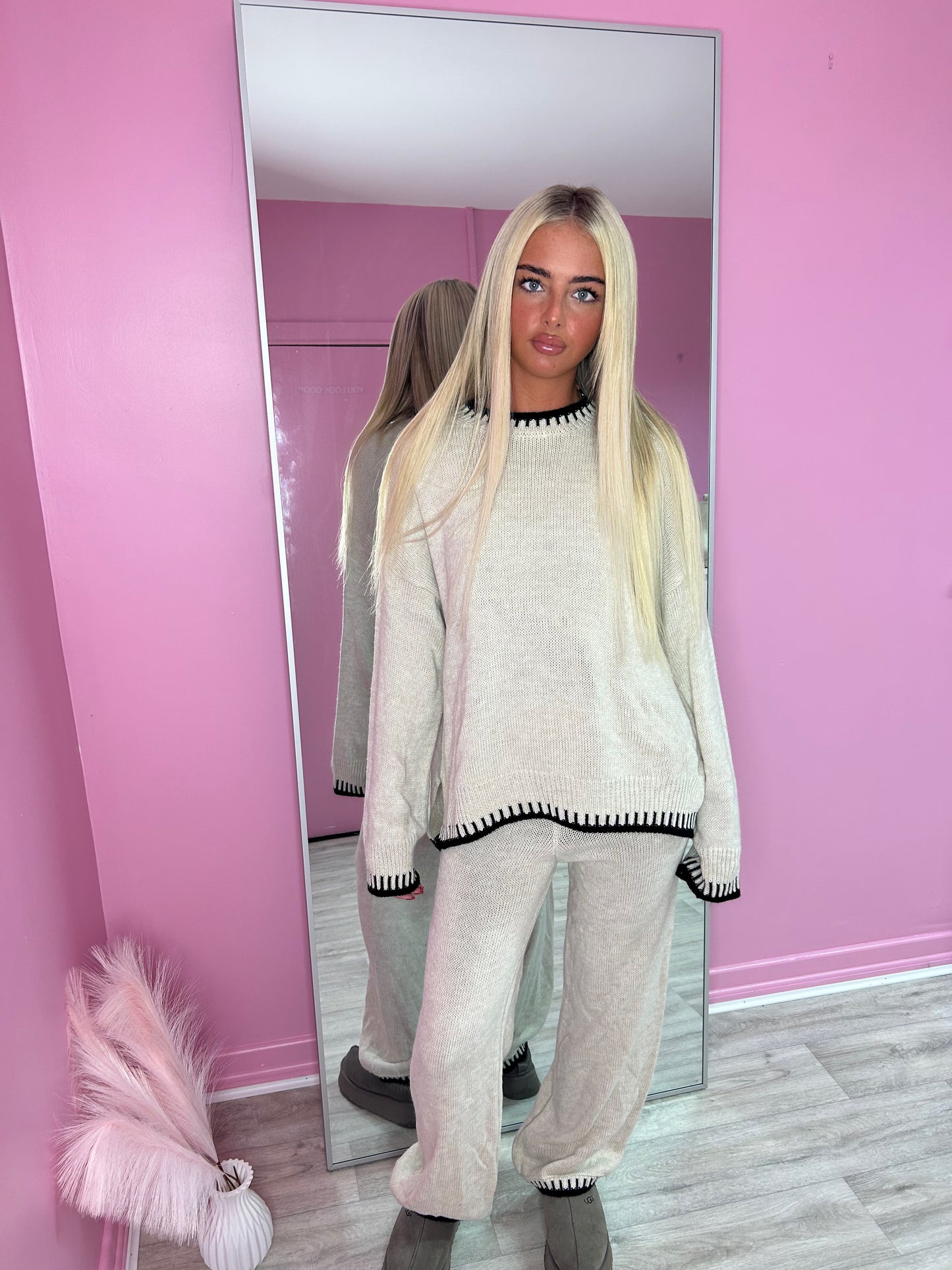 Contrast knitted jumper and wide leg trouser set