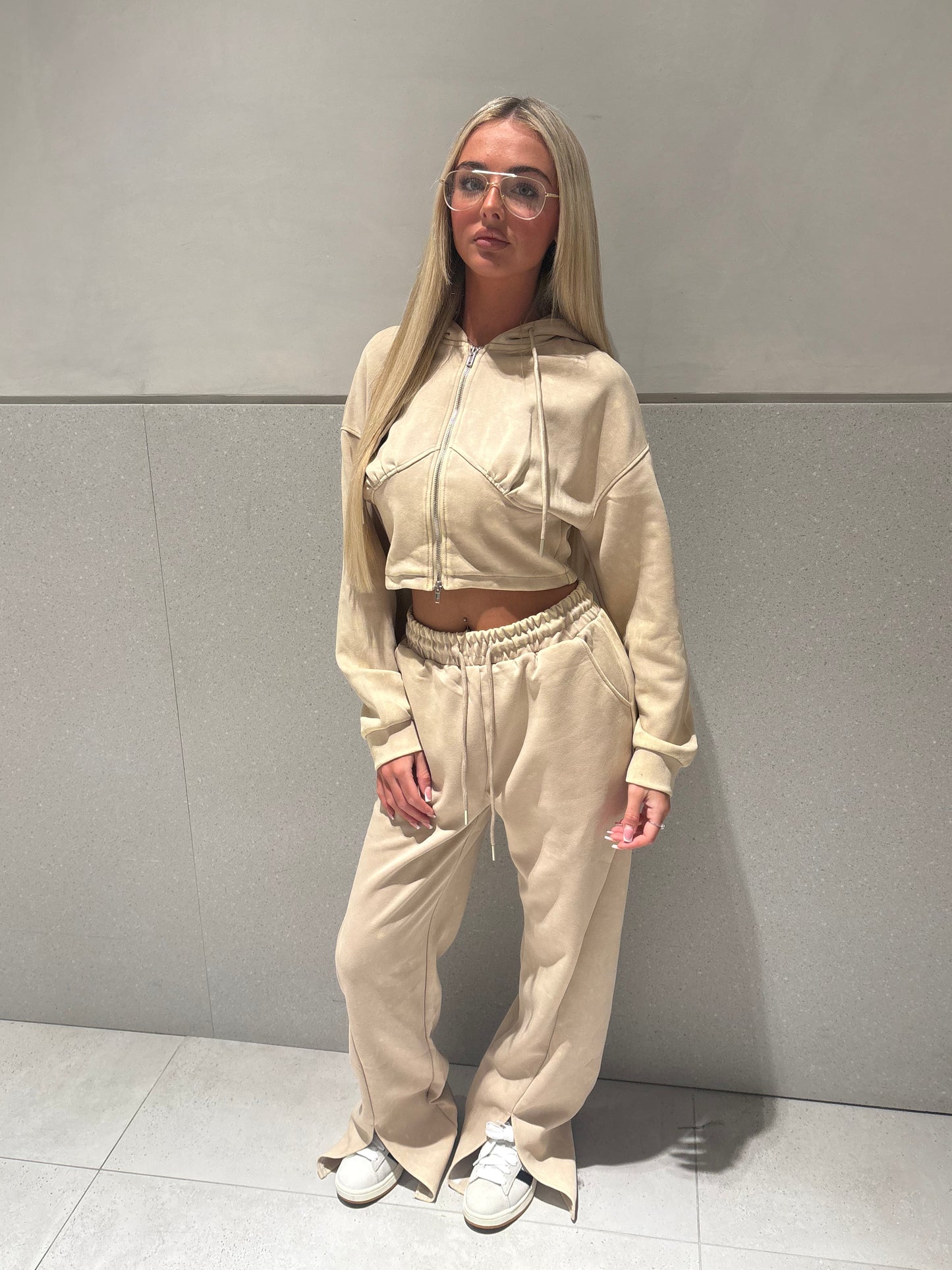 Beige Acid wash wide leg tracksuit