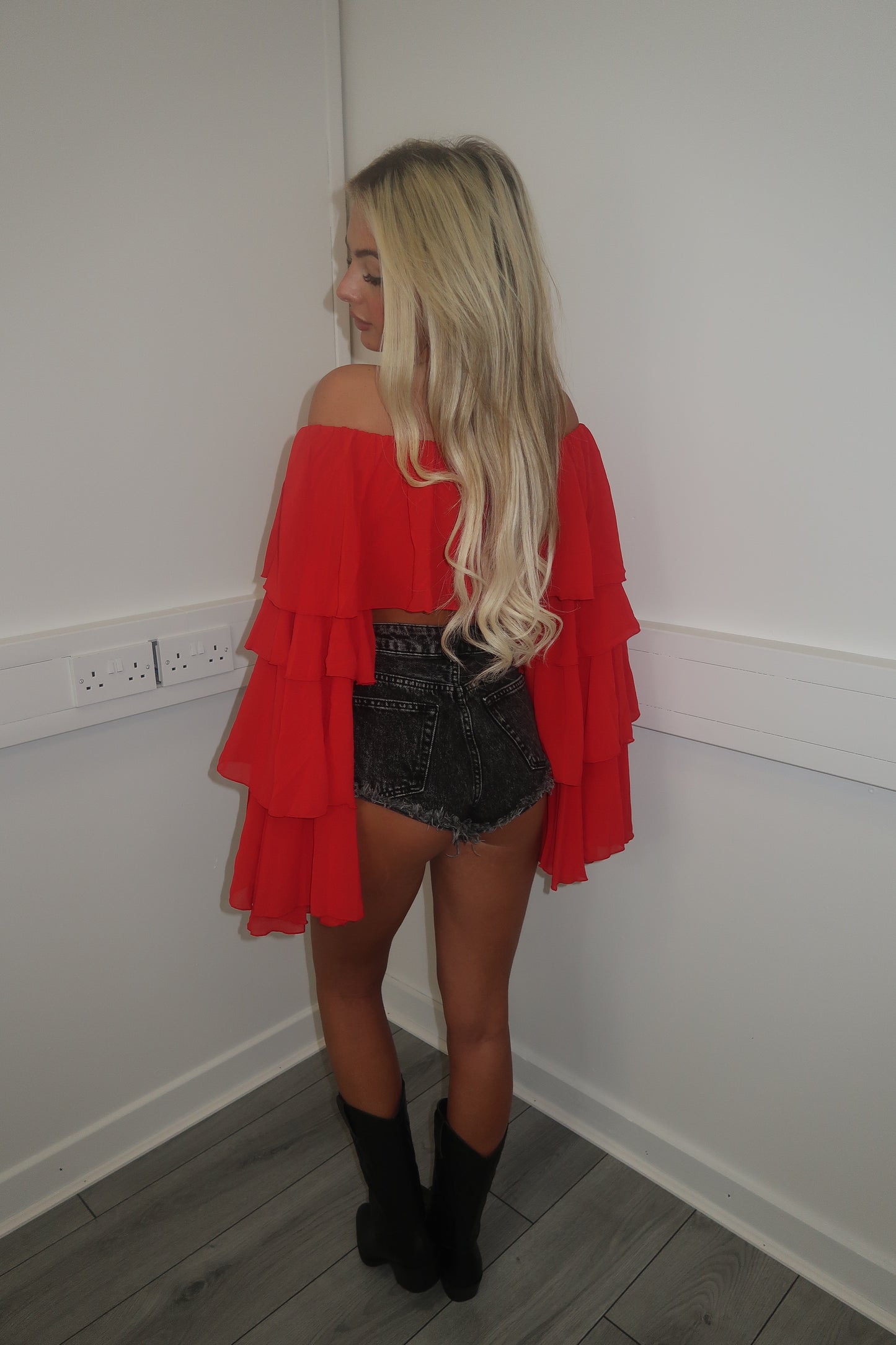 Red chiffon layered Bardot top