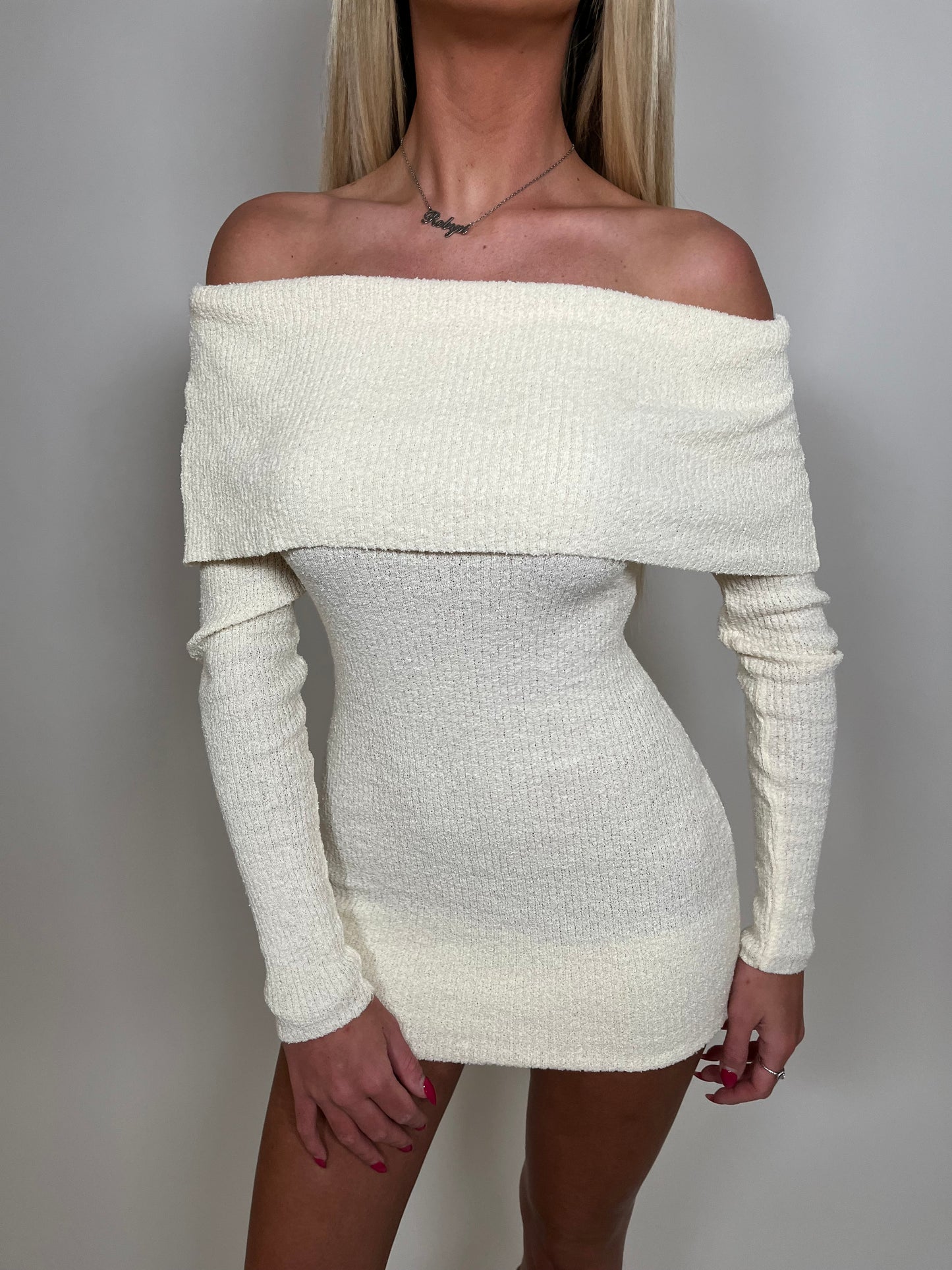 Ribbed Bardot jumper mini dress