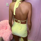 Yellow Slinky Halter Neck Top & Skirt Co-ord With Tie Knot Drape Detail