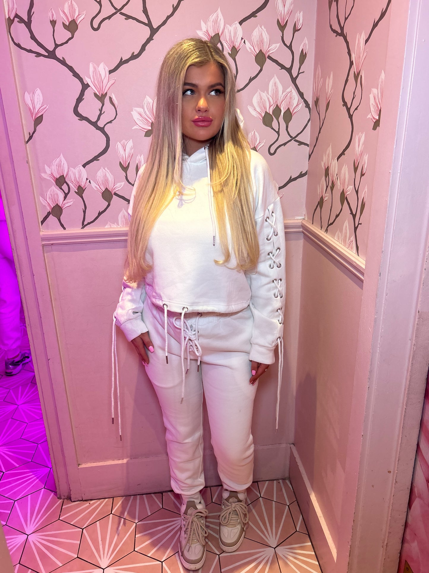 Off white Eyelet Lace Up Detail Hoodie & Jogger Fleece tracksuit