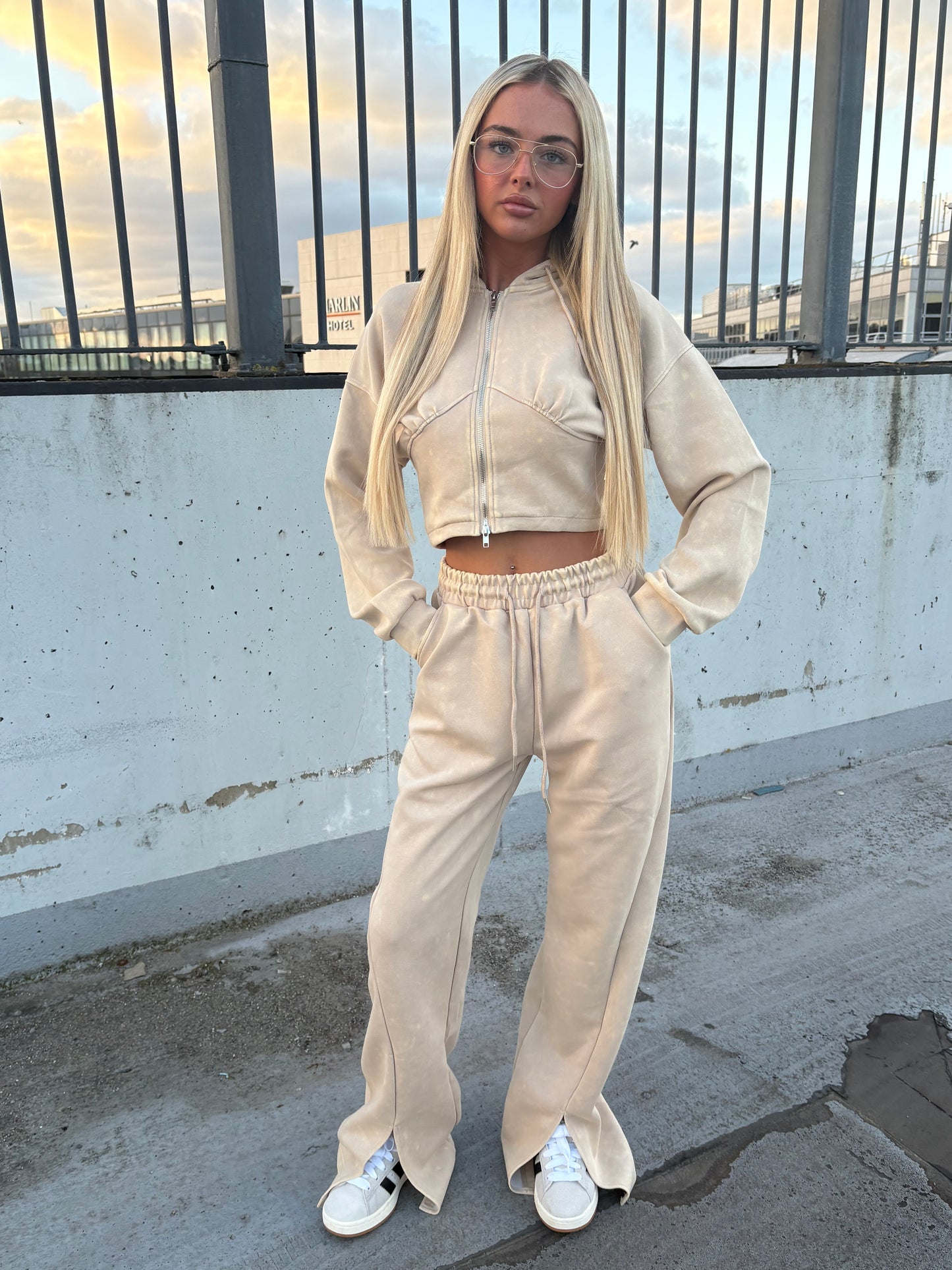Beige Acid wash wide leg tracksuit