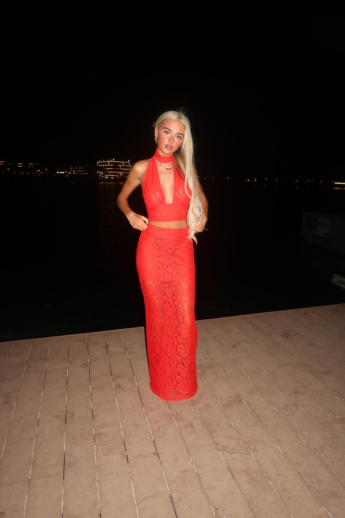 LIMITED EDITION HAND MADE AND DESIGNED IN HOUSE: Red lace 3 piece choker and maxi skirt set