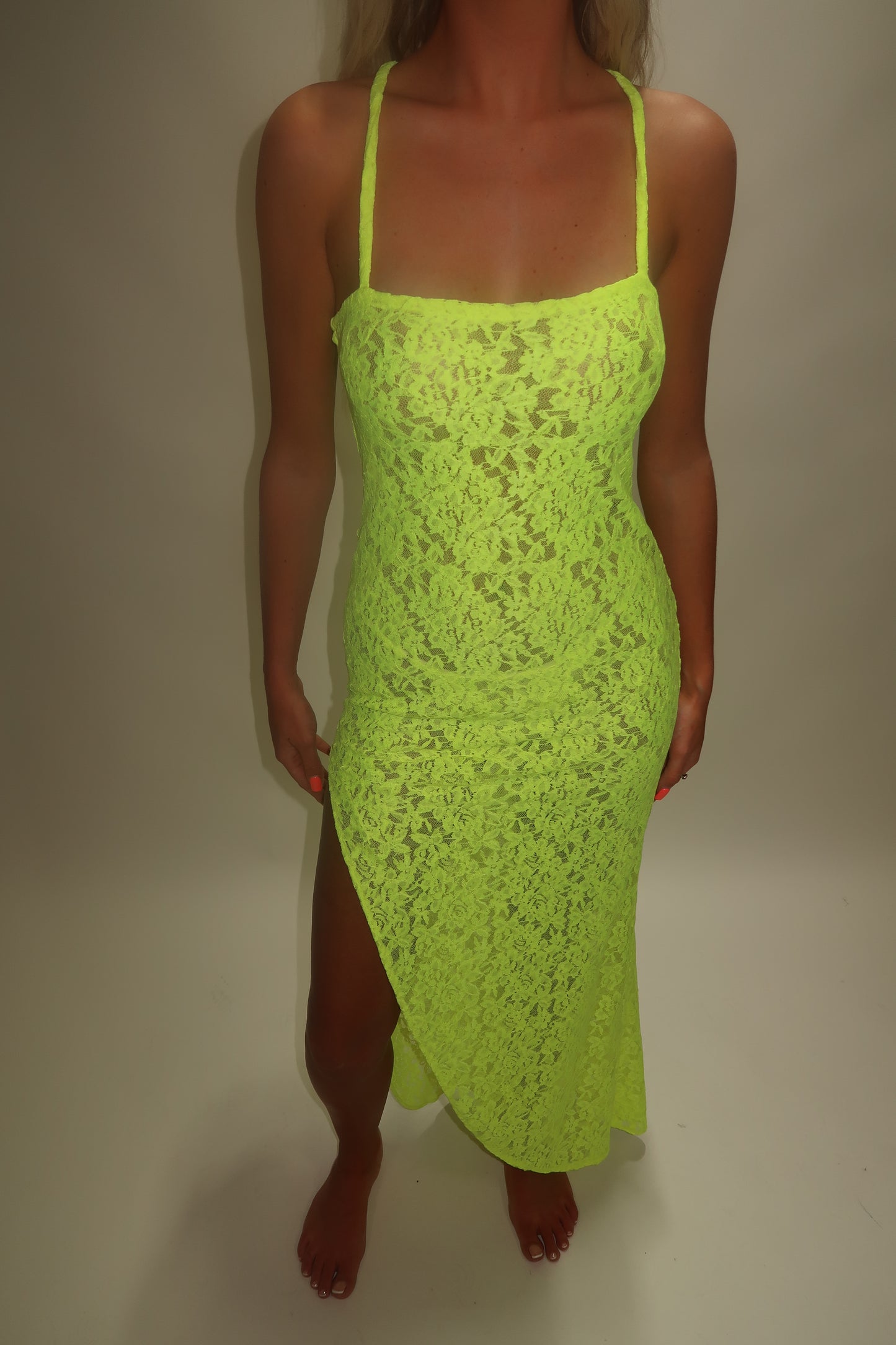 LIMITED EDITION HAND MADE AND DESIGNED IN HOUSE: Neon yellow Split leg dress