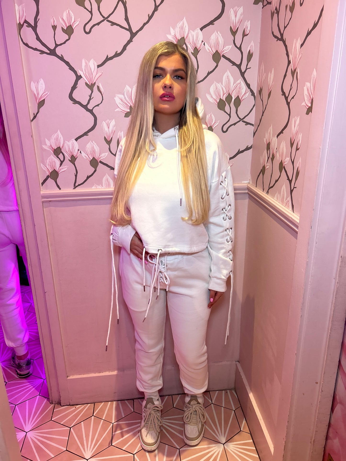 Off white Eyelet Lace Up Detail Hoodie & Jogger Fleece tracksuit