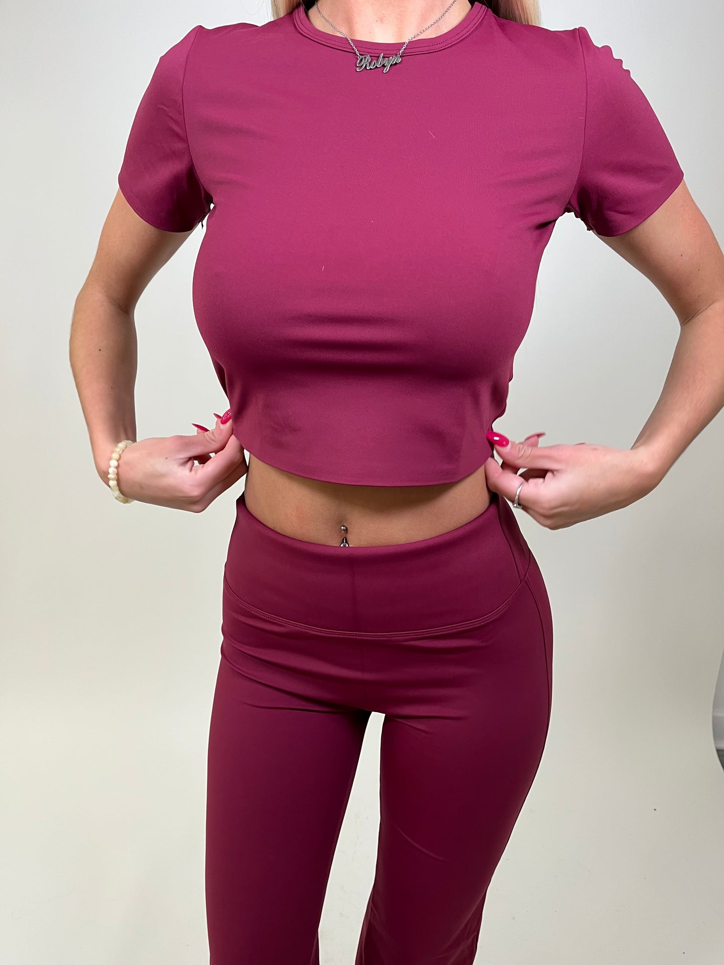 Sculpt burgundy crop top and flared leggings set