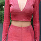 LIMITED EDITION HANDMADE & DESIGNED IN HOUSE: Burgundy sparkle flared trousers and top set