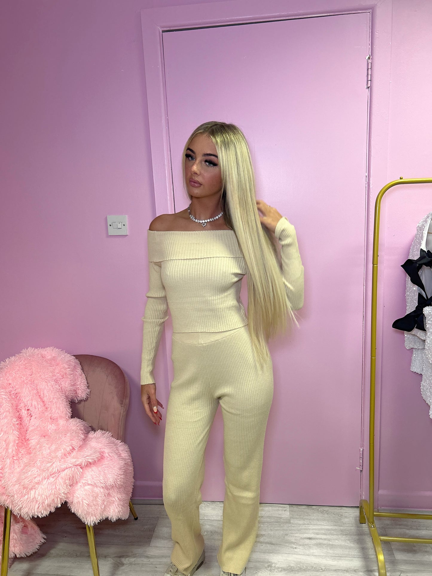 Beige Off the shoulder knitted jumper and trousers set