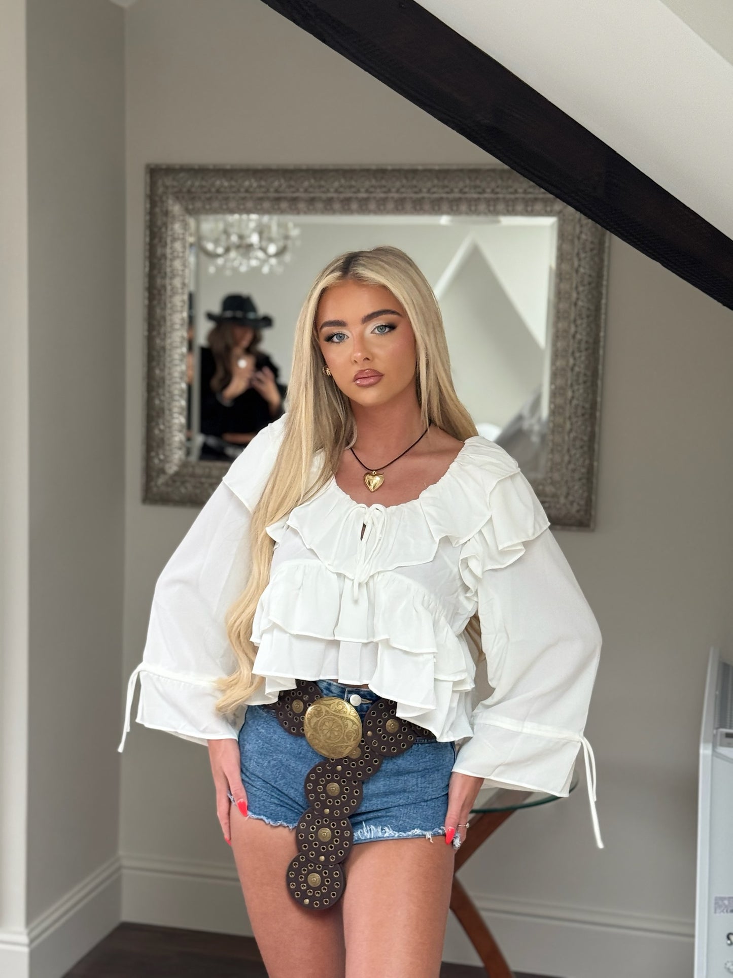 White Cropped Ruffle Blouse