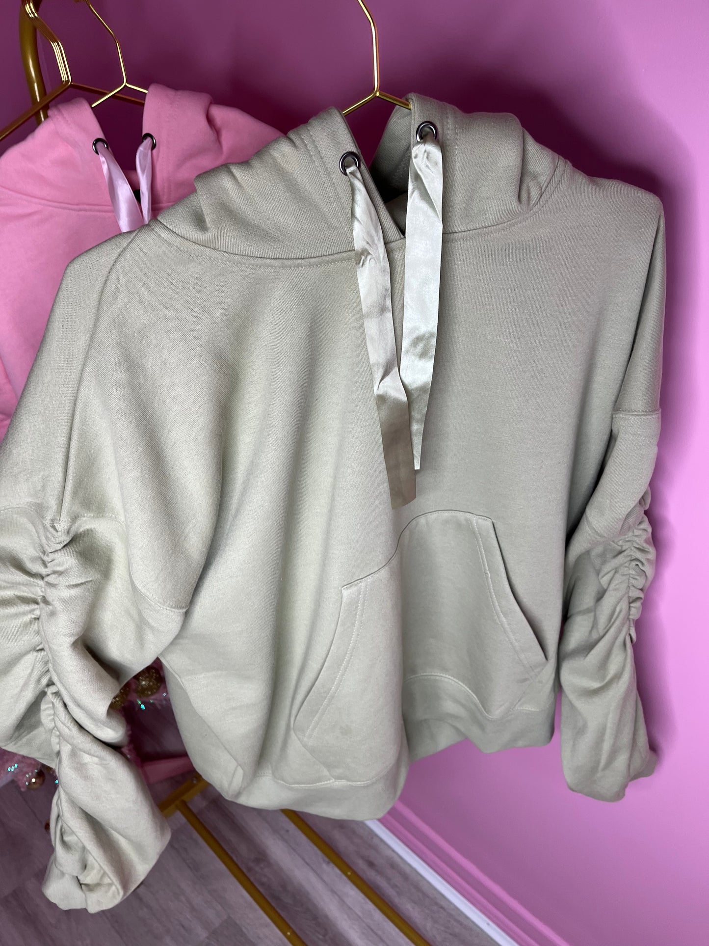 Sage green ruched sleeve ribbon hoodie