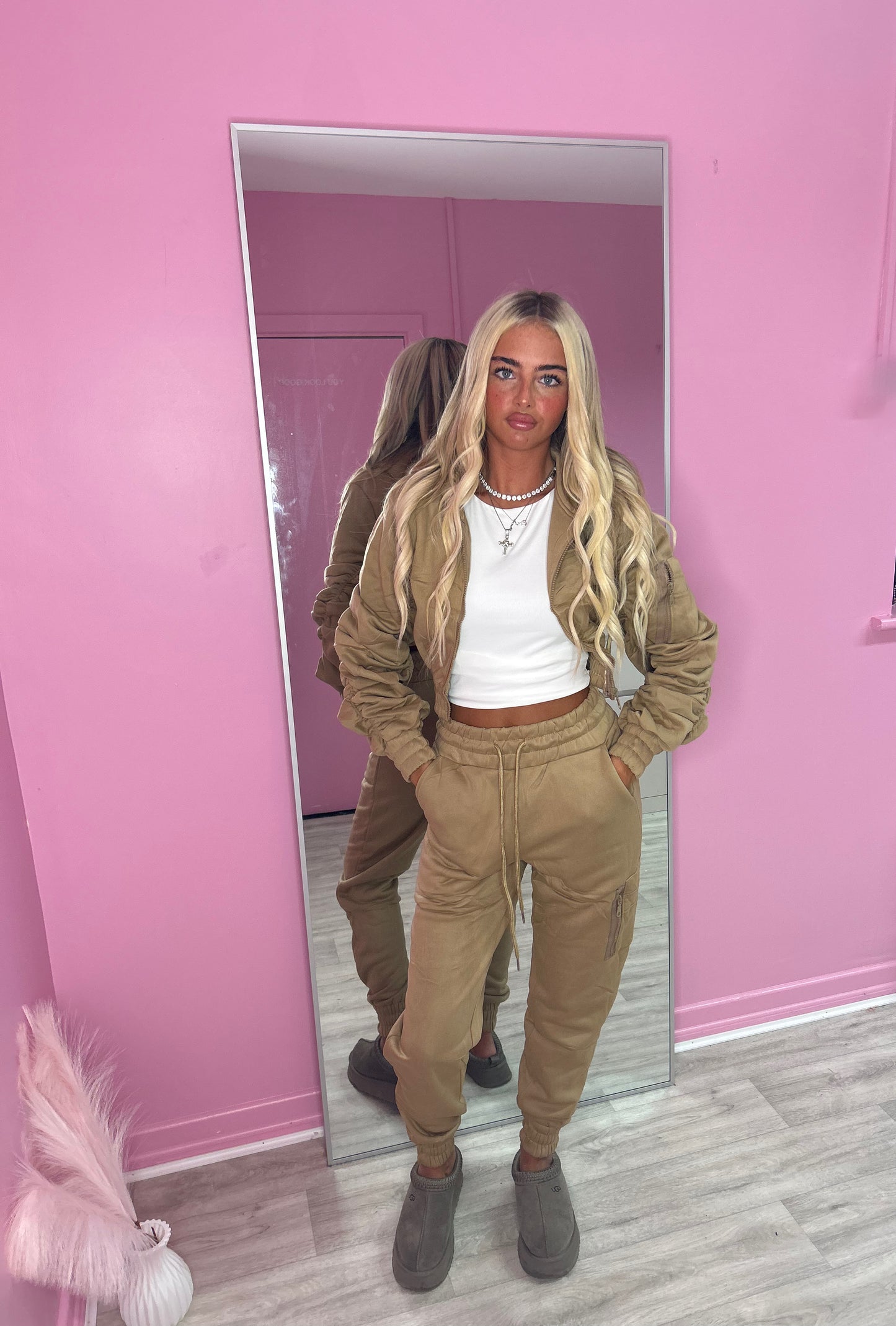 Taupe ruched sleeve tracksuit
