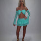 LIMITED EDITION HAND MADE AND DESIGNED IN HOUSE: Blue frilly Rara skirt top and sleeves three piece