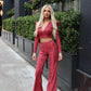 LIMITED EDITION HANDMADE & DESIGNED IN HOUSE: Burgundy sparkle flared trousers and top set