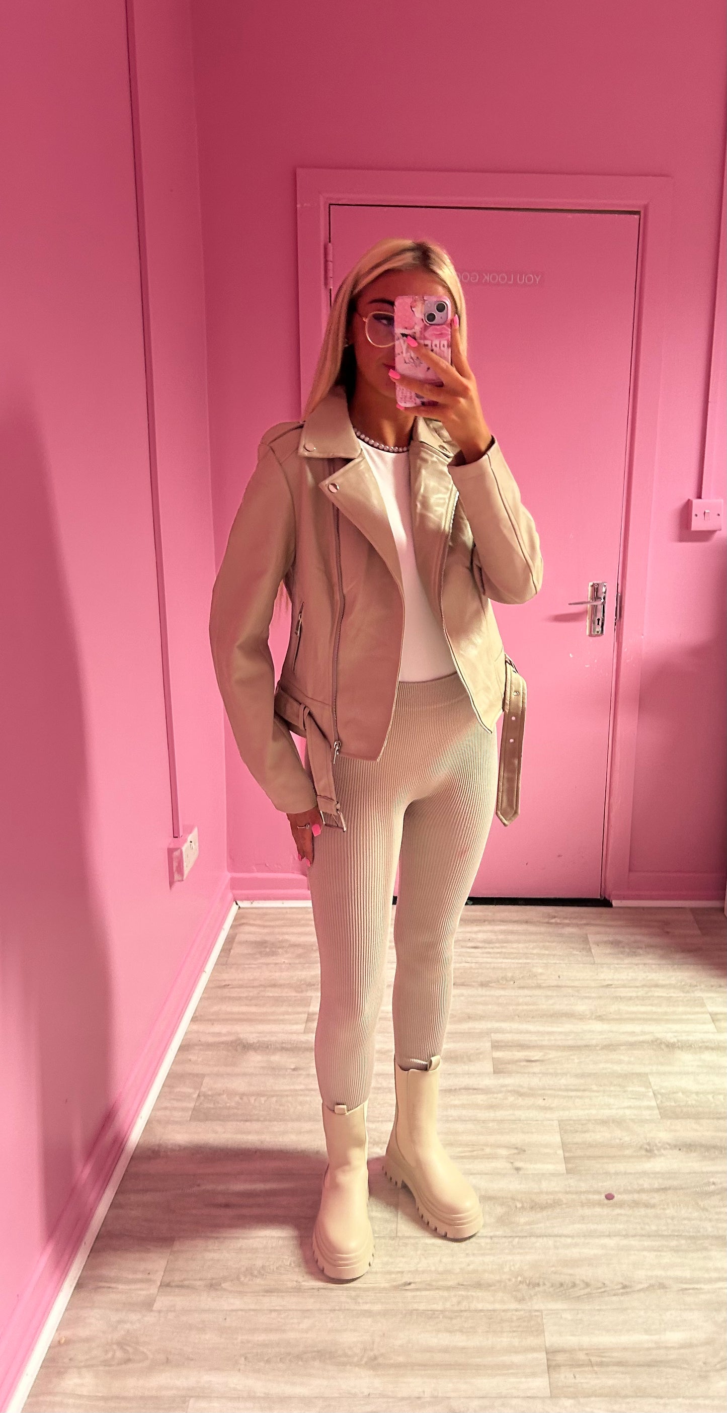 PU Cream Belted Zip Up Biker Jacket