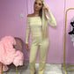Beige Off the shoulder knitted jumper and trousers set