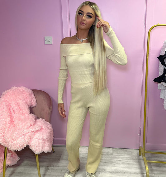 Beige Off the shoulder knitted jumper and trousers set