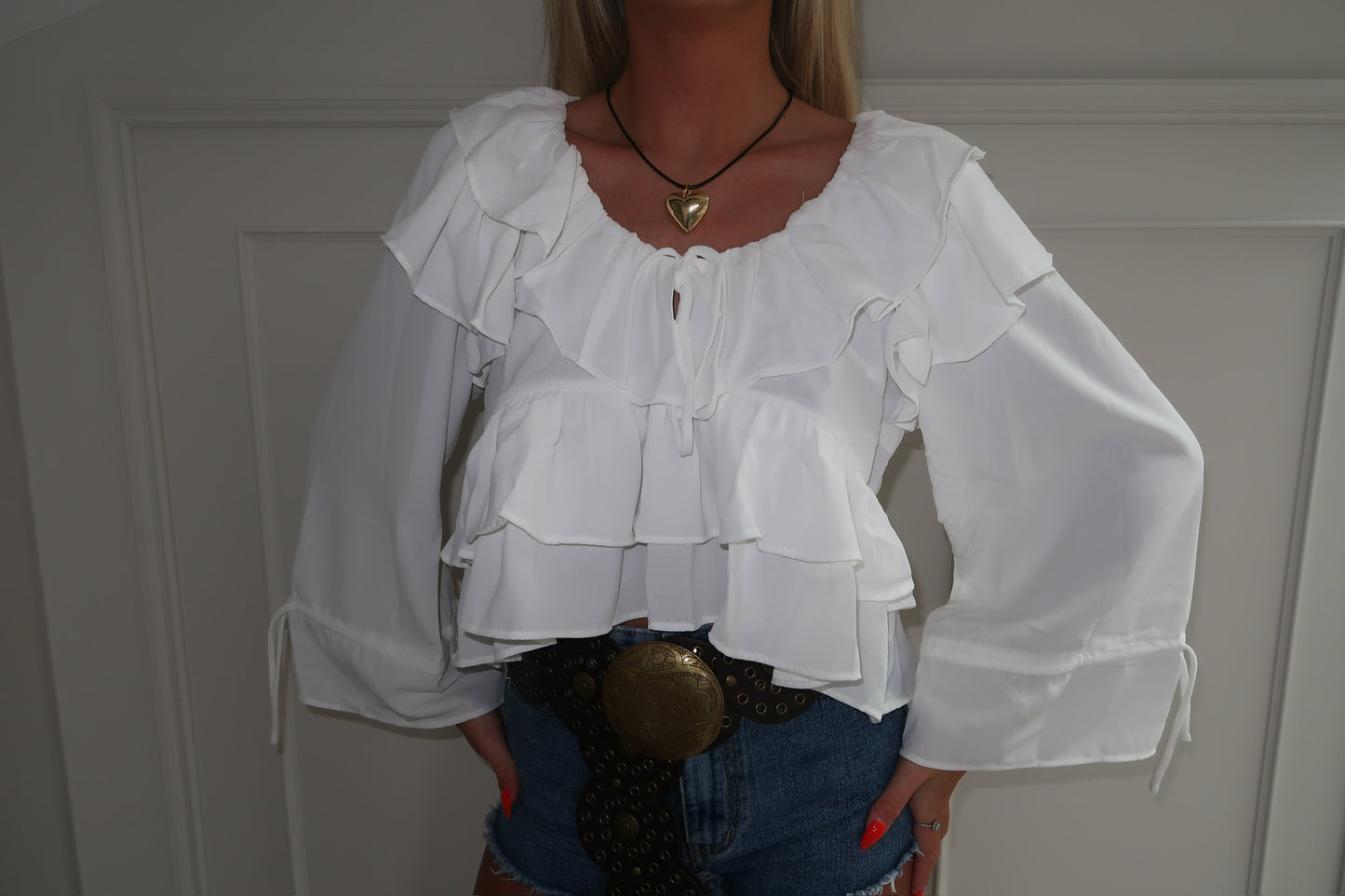 White Cropped Ruffle Blouse