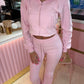 Pink cropped zip hoodie and bell bottom trouser set