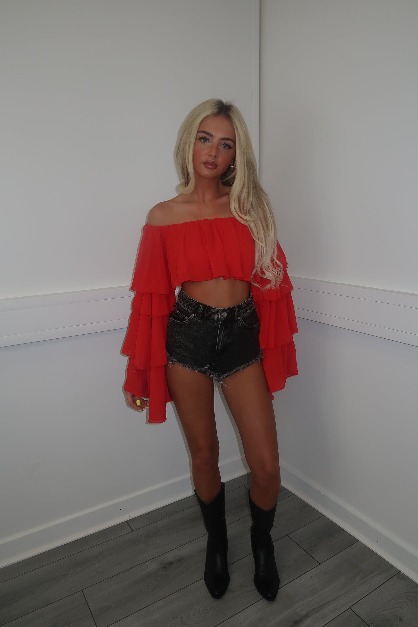 Red chiffon layered Bardot top