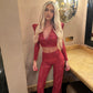 LIMITED EDITION HANDMADE & DESIGNED IN HOUSE: Burgundy sparkle flared trousers and top set