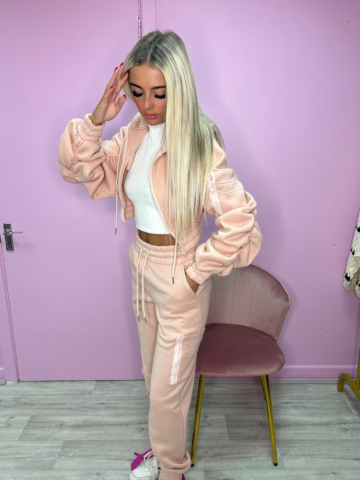 Blush pink ruched sleeve tracksuit