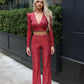 LIMITED EDITION HANDMADE & DESIGNED IN HOUSE: Burgundy sparkle flared trousers and top set