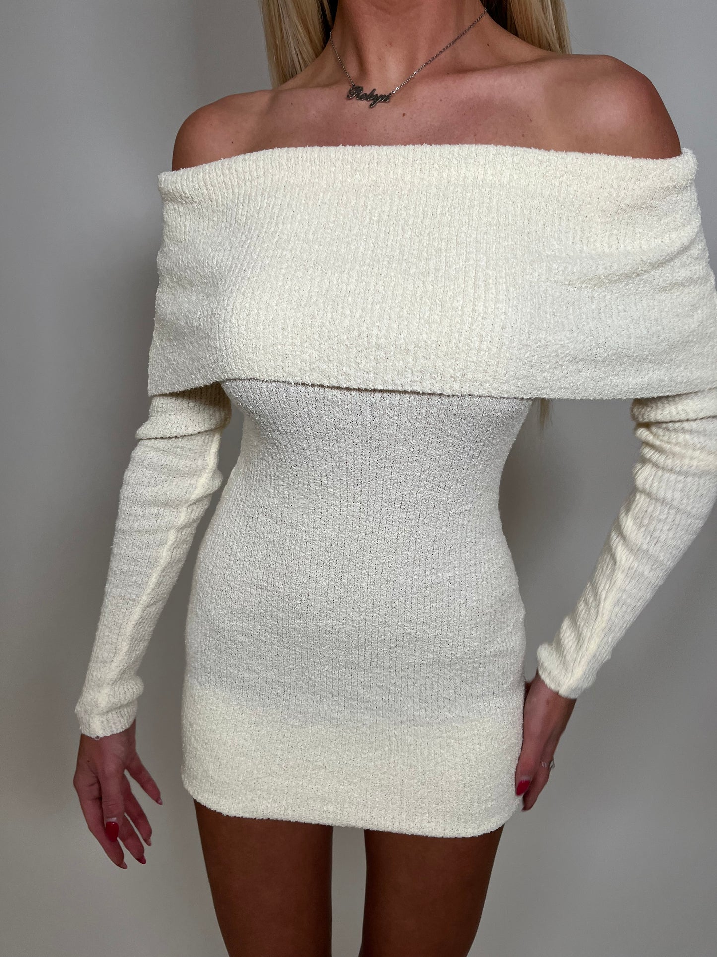 Ribbed Bardot jumper mini dress