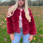 Luxury wine faux fur 3/4 sleeve coat