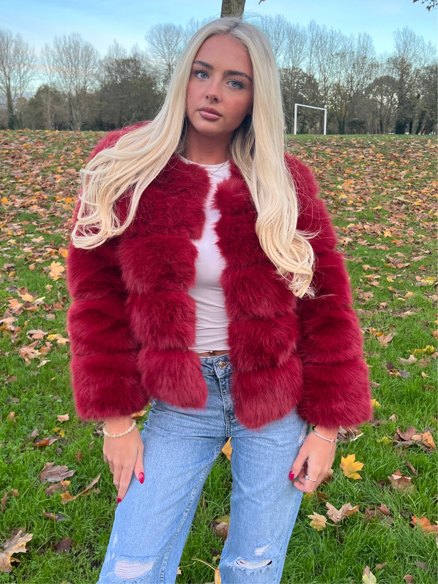 Luxury wine faux fur 3/4 sleeve coat