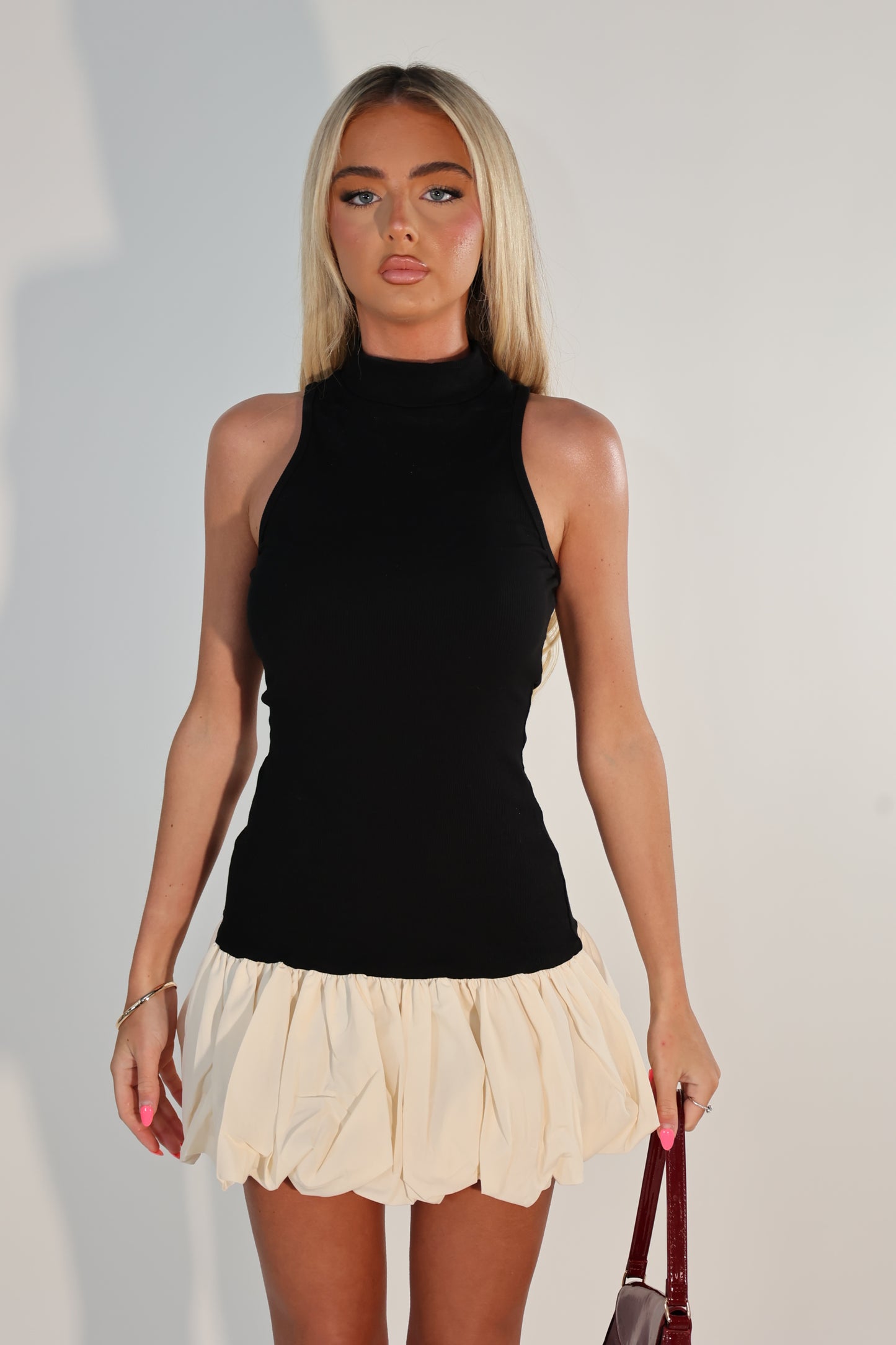 Black and beige puff high neck dress