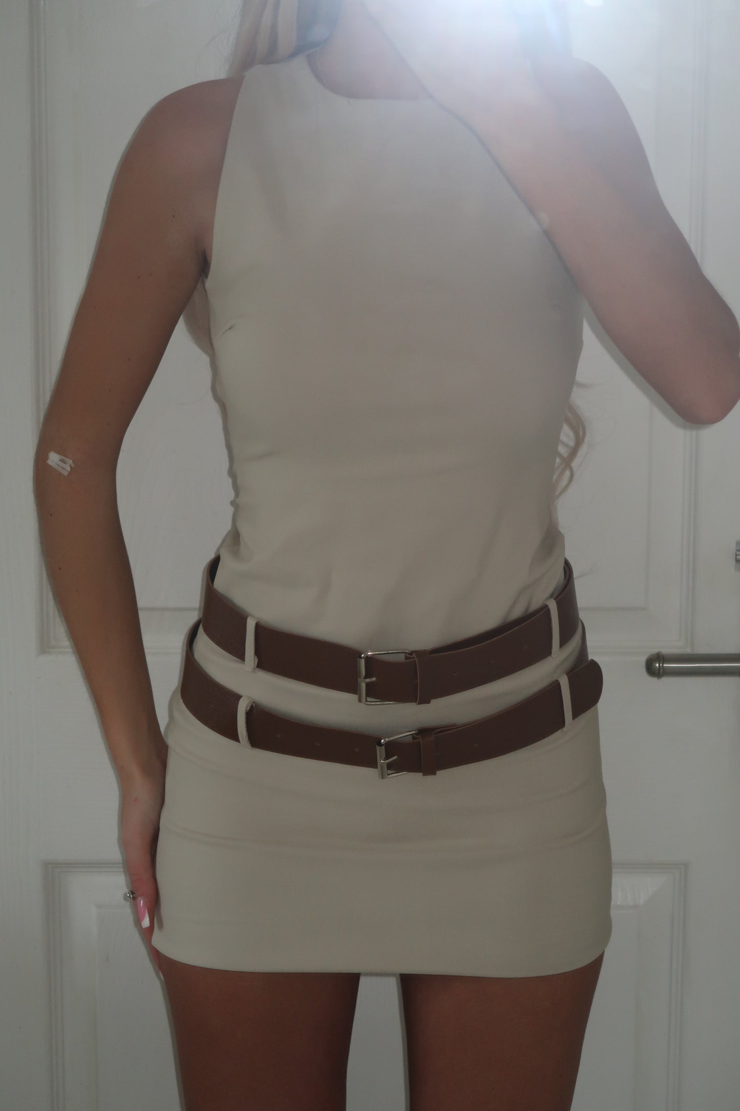 Beige Double Belted Round Neck Mini Dress