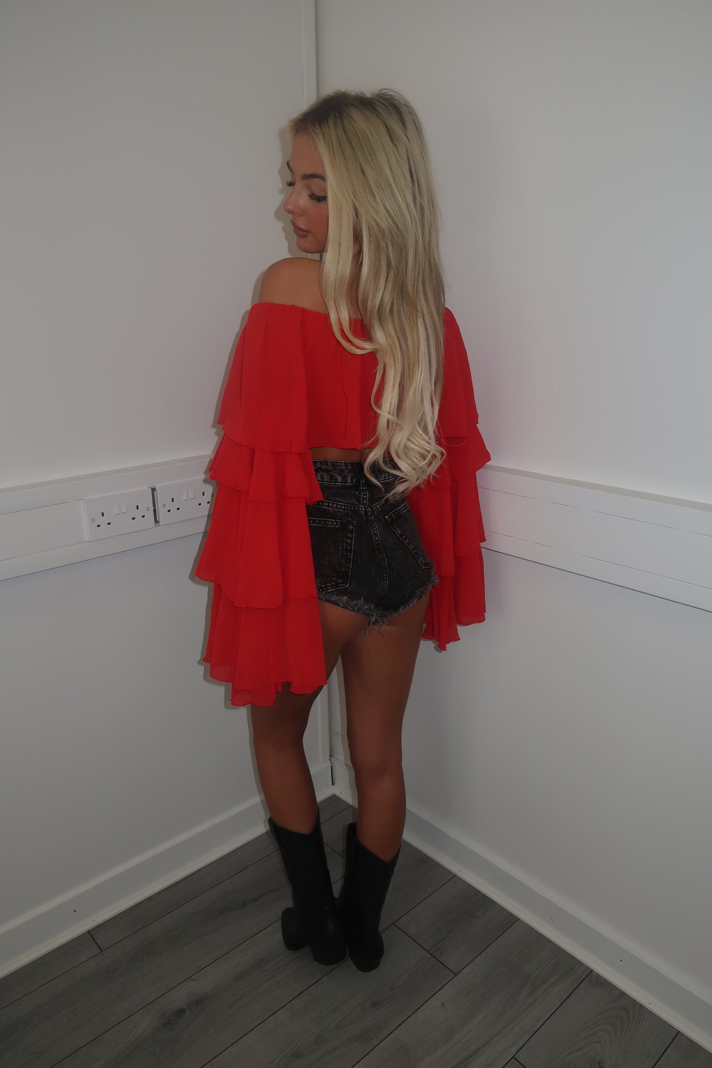 Red chiffon layered Bardot top