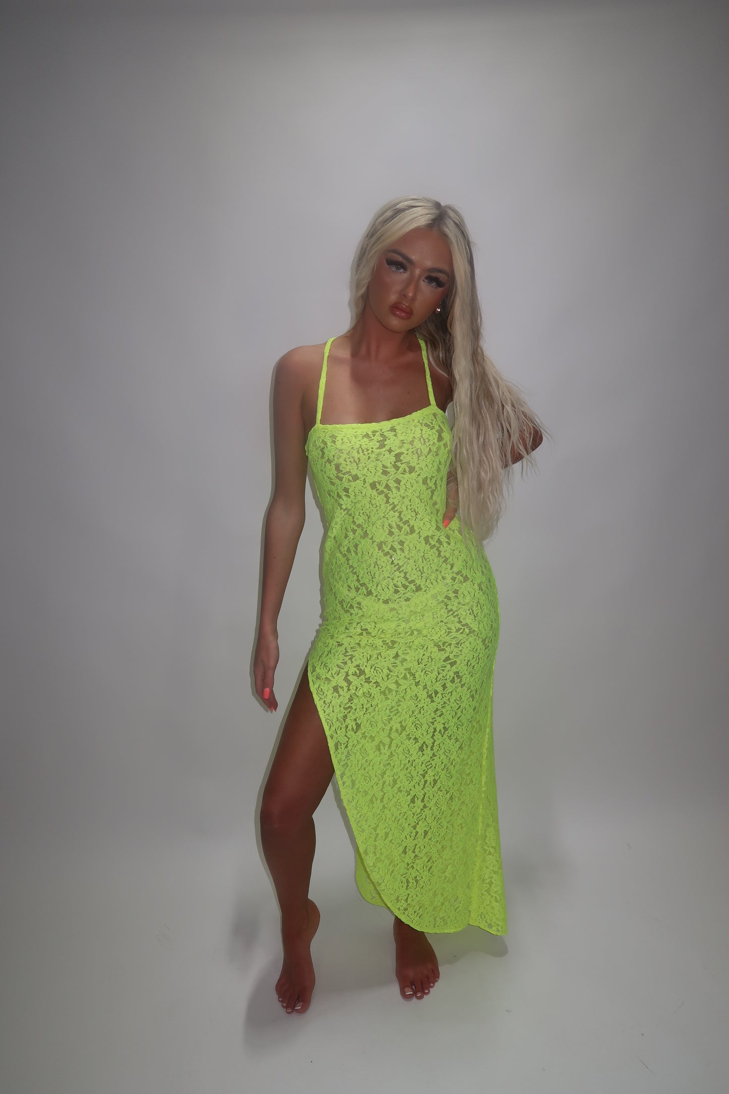 LIMITED EDITION HAND MADE AND DESIGNED IN HOUSE: Neon yellow Split leg dress